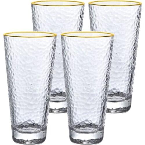 4Pcs Gold Edge Hammered Glass Drink/Juice/Milk/Beer/Tea/Water Mug 410ML Extremely Lead-free And High Temperature Resistant