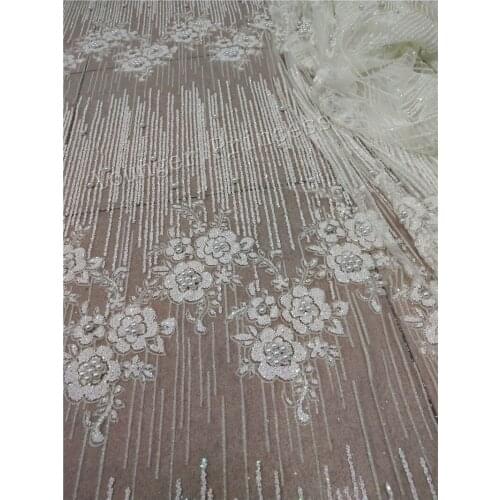 White color pretty flowers nice looking YG-19 shining glitter fabric with beads for lady dress/sawing/curtain/party/wedding
