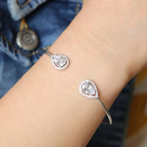 White gold color Sparking clear cubic zirconia cz open cuff elegant fashion women jewelry clear CZ classic bangle bracelets