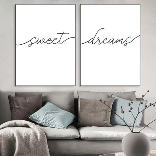 Canvas Painting Wall Art Nordic Black White Sweet Dreams Quotes Minimalist Prints and Posters Cafe Home Room Decor (No Frame)