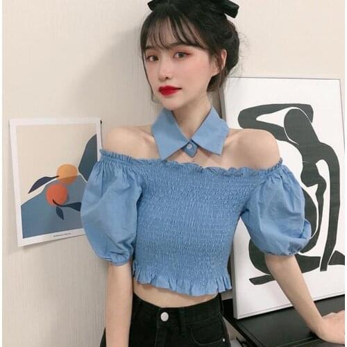 Summer Slash Neck One Shoulder Ladies Short Top Solid Bubble Sleeve Blouse