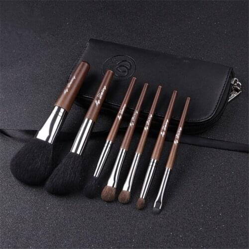 7Pcs Cosmetic Brush Set Original Wood Goat Hair Powder Blusher Brush Make up Tool Kit with Leather Bag