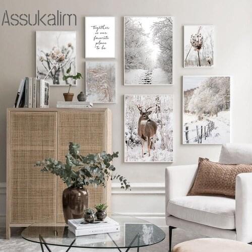Winter Snow Landscape Wall Art Canvas Painting Hay Art Poster Dead Grass Print Deer Paintings Nordic Wall Pictures Home Decor