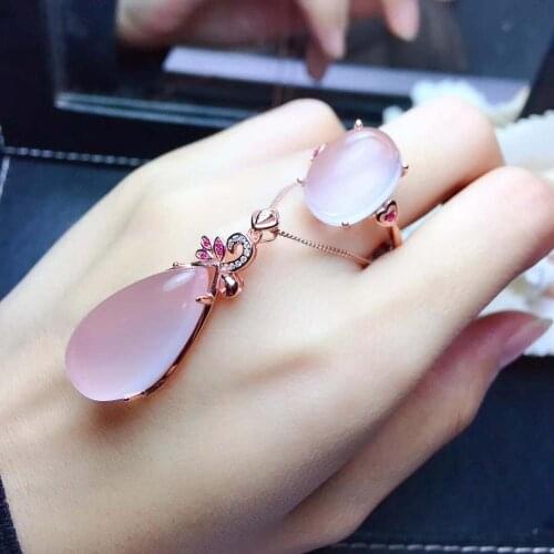 Real Natural Rose Quartz jewelry set Natural Real Rose Quartz 925 sterling silver 1pc pendant,1pc ring