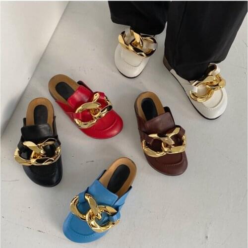 New Brand Design Gold Chain Women Slipper Closed Toe Slip On Mules Shoes Round Toe Low Heels Casual Slides Flip Flop Big Size 41