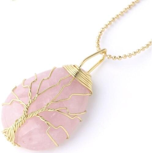 Tree of Life Necklace Natural Stone Lovers' Pendants Gold Color Wire Wrap Gem Pink Quartz Tiger Eye Green Aventurine Suspension