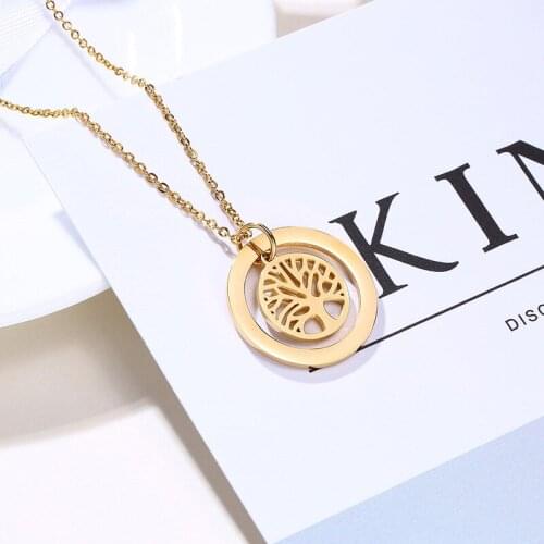 Fashion Gold Color Tree Of Life Pendant Necklace Stainless Steel Rotatable Double Rounds Necklaces For Women Drop Shipping