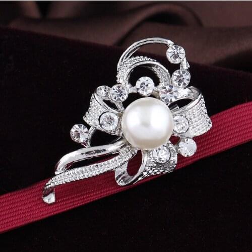 Plated Crystal Rhinestones Diamante Imitation Pearl Brooch Pins for Wedding Bridal Party Bouquet DIY Accessories Jewelry AB080