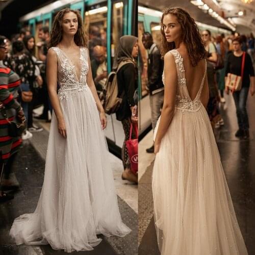 Sheer V-neck Pearls Beading Ruched A-line Wedding Dress Grey Sexy vestidos de noiva simples Bridal Dress