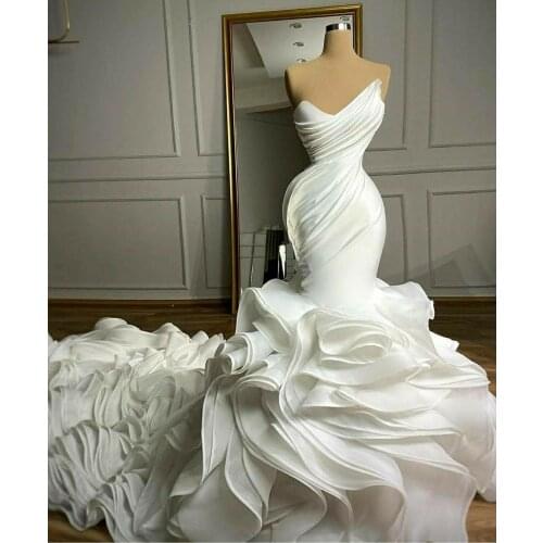 Tiered Ruffles Mermaid Wedding Dresses Pleats Sweetheart Chapel Train Gorgeous Bridal Gowns Nigerian Arabic Marriage Dress Robe