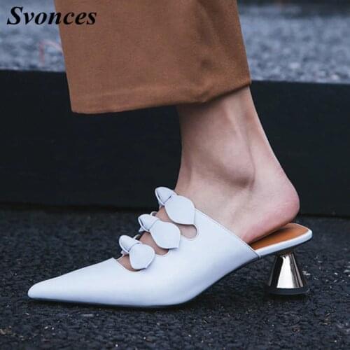 Svonces New Arrivals Bowtie High Heel Slides White Pointy Toe Pumps Summer Low Heel Party Shoes Women Mules Genuine Leather