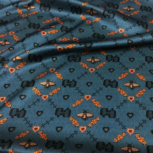 Bee geometric letter printing sea blue bottom digital printing fabric natural mulberry silk haute couture fabric dress sewing