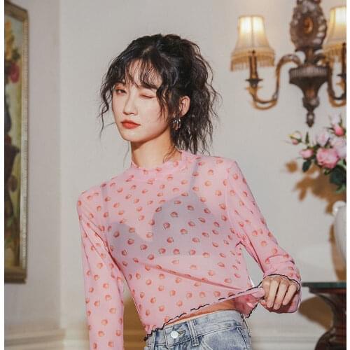 2021 Spring And Summer Ice Silk Long-sleeved Short T Shirt Female Top Bottoming Mesh Sunscreen Thin