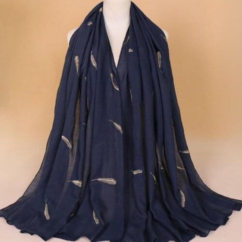 Women Plain Embroider Gold Feather Cotton Winter Scarves Lady Stitch Shawls and Wraps Pashmina Plus Size Stole Muslim Hijab Caps