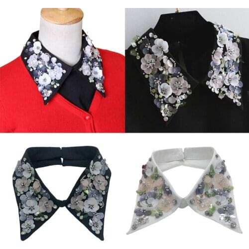 Women Elegant Sequins Floral Lapel False Collar Handmade Beaded Jewelry Detachable Necklace Choker Clothes Accessories