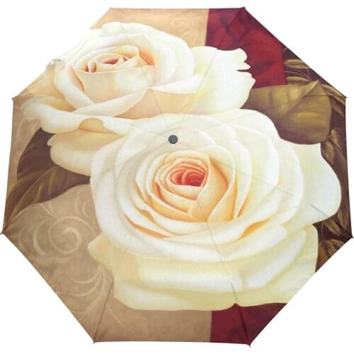 Beautiful Rose Flowers Print Rain Umbrella 3 Folding Anti-UV Fully Automatic Womens Umbrella Parasol Outdoor Hight Qulity