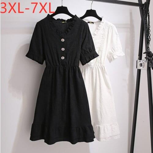 New 2021 Ladies Summer Plus Size Midi Dress For Women Large Short Sleeve Loose Cotton Black Ruffle Dress 3XL 4XL 5XL 6XL 7XL