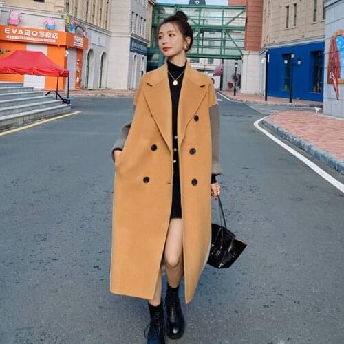 Womens Winter Woolen Coat Khaki-grey Cloak Female Contrast Suit Collar Loose Straight Double-Breasted Quality Fashion Jacket