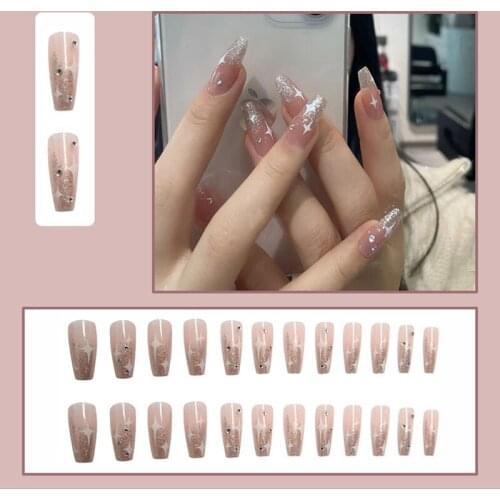 24Pcs Glossy Silver Stars French Ballerina Coffin False Nail Gradient Natural Press On Ballet Fake Nail Tips Reusable Wear