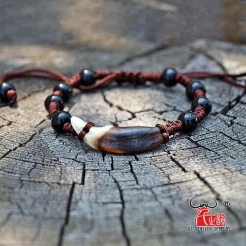 YS002 Natural bone punk bracelet wood beads bracelet men spike bracelet women Primitive tribes jewelry Fake wolf Tooth Bangles