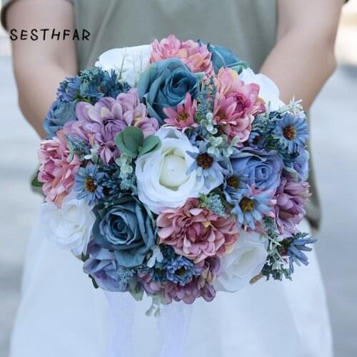 Flowers Bouquet Vintage Blue Silk Wild for Wedding Plain Color Bridal Bouquet Wedding Centerpieces Home Decoration