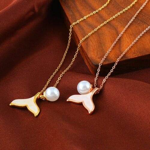 316L Stainless Steel Fish Tail Pearl White Shell Pendant Charms Chain Choker Necklace For Women Fashion Fine Jewelry SAN623