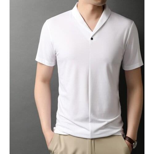 White Elegant Overshirt Mens Wide T-shirts With Collar Black Silk Soft Tee Summer Fashion Man Clothes Large Size V-neck Blouse