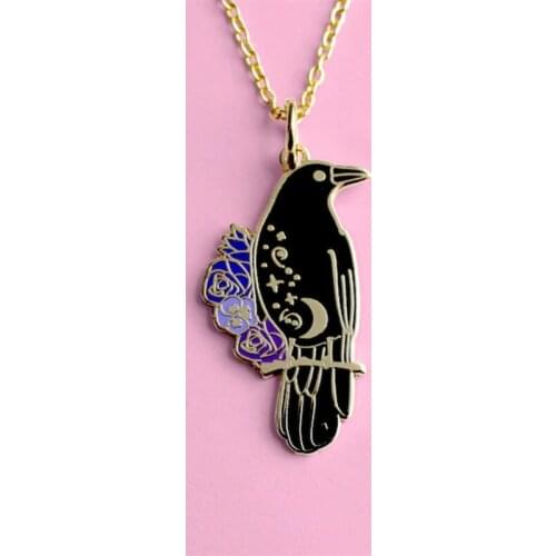 Gothic Creative Fashion Flower Star Moon Pattern Cute Crow Pendant Necklace Witch Magic Witchcraft Necklace Woman Party Jewelry