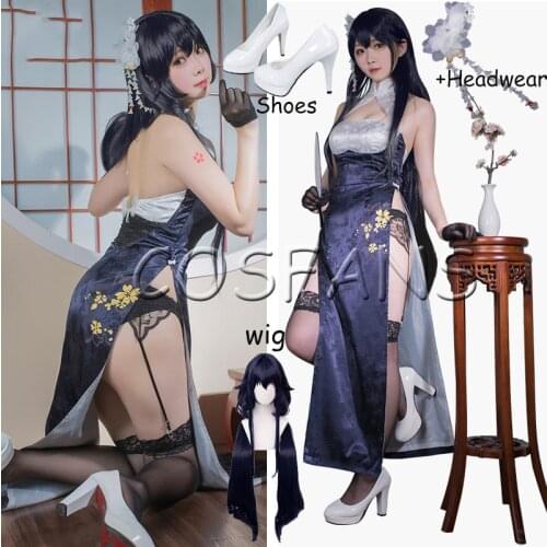 IJN Azuma Cheongsam Cosplay Costume Azur Lane Cosplay Happy New Year 2020 Cheongsam Halloween Carnival Party Costume Wig shoes