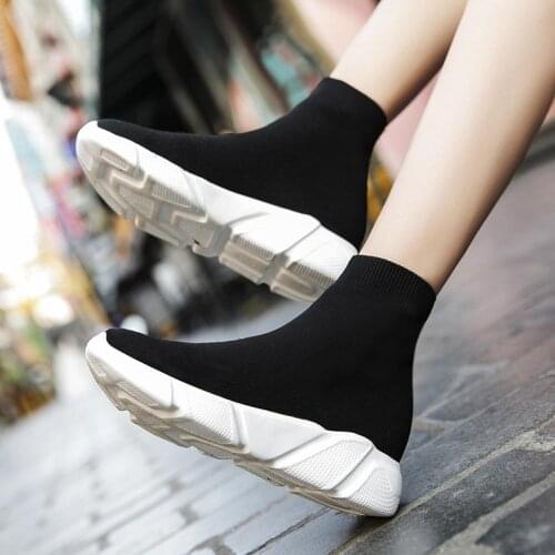 Large Size High Top Slip on Sneakers Sock Woman Sport Shoes Men Running Shoes Womens Sports Boots Black Knit Knitted GMB-1681