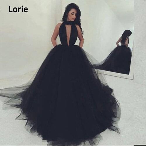 LORIE Simple Black Evening Dress Long 2020 Halter Sleeveless Ball Gown Tulle Formal Evening Gowns Prom Party Dress Plus Size