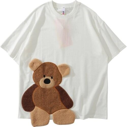 Patch Bear Cute Couple Wear Patchwork Tops Tees Men T-shirts Pullover Streetwear Casual Loose Personality Tshirts Fashion Top