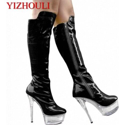 Hipster sexy thick bottom tall boots, 15 cm transparent crystal model runway boots Dance Shoes