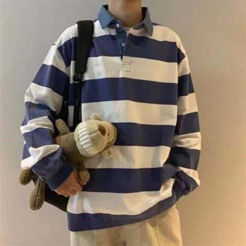 2019 Autumn Mens Blue White Stripe Printing Outerwear Cowboy Lapel Loose Male Coat Casual Clothes Hoodies Cotton Sweatshirts