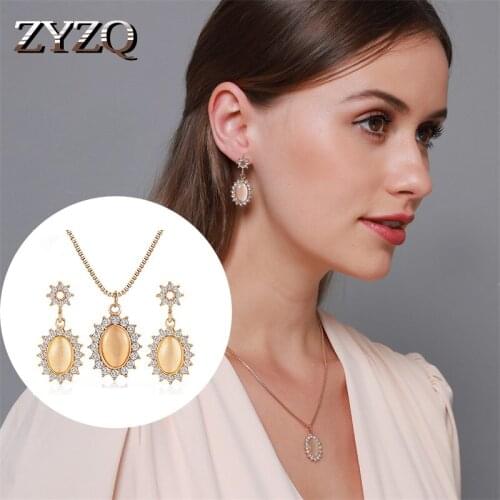 ZYZQ Retro Temperament Earrings Necklace Set French Micro-set CZ Oval Pendant Fashion Ladies Wedding Anniversary Jewelry