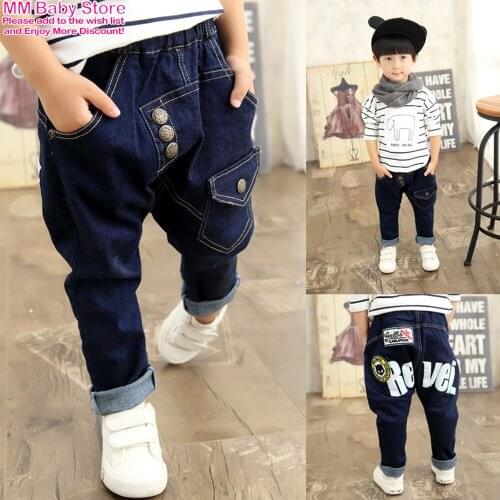 New Casual Boys Big Ass Jeans Pants Autumn Washing Deep Blue Denim Trousers Kids Cartoon Long Pant Children Clothing 2-7Years