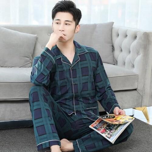 2020 Autumn Winter Long Sleeve Cotton Pajama Sets for Men Korean Casual Plaid Sleepwear Suit Pyjamas Male Homewear Home Clothes