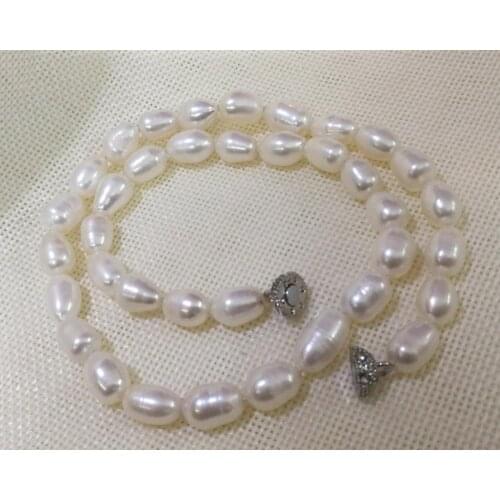 7-8mm white oval rice pearl necklace shining magnet clasp 35cm 43cm 14'' 17'' Freshwater PEARL Women Jewelry