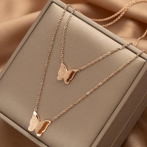 Titanium Steel Butterfly Pendant Necklace for Woman 2021 New OL Rose Gold Double Animal Necklace Fashion Jewelry Collar Gift