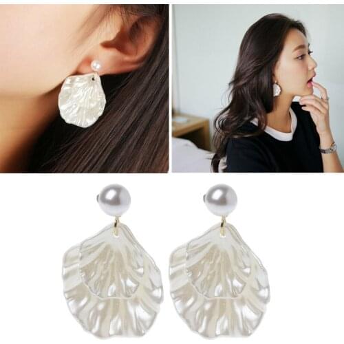 Mother of Pearl Double Carve Shell Leaf Dangle Hook Earrings Silver Tone Jewelry