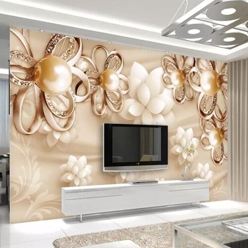 Custom European Golden Pearl Flower Luxury Jewelry Mural Wallpaper Living Room TV Hotel Wall Decoration Wall Cloth Wall Painting