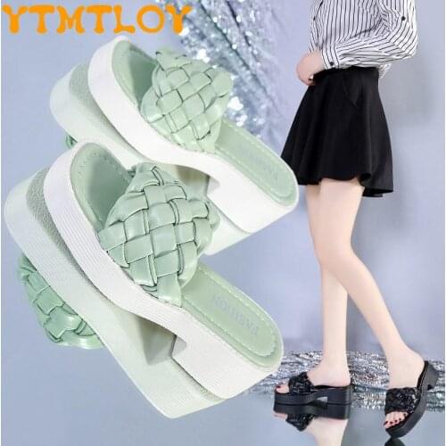 New Fashion Woven High Heel Slippers Ladies Square Toe Platform Casual Shoes Ladies Slippers Summer 2021 Slippers Beach Sandals