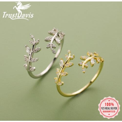 TrustDavis Real 925 Sterling Silver Fashion Leaves Shiny CZ Opening Ring 6 7 8 for Women Wedding Party Fine Jewelry DA226
