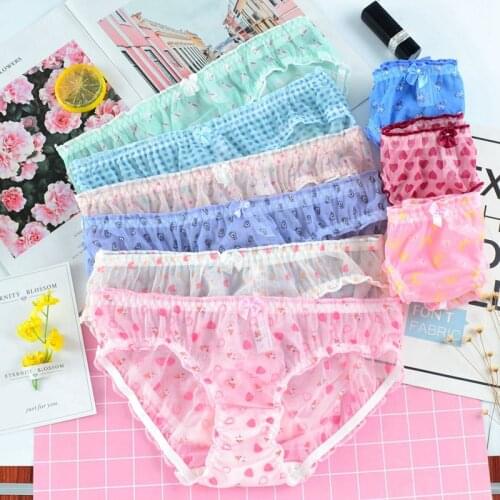 SP&CITY Lovely Printing Mesh Ruffles Panties For Women Transparent Sexy Underwear Girl Seamless Briefs Sweet Bow Lingerie Thongs