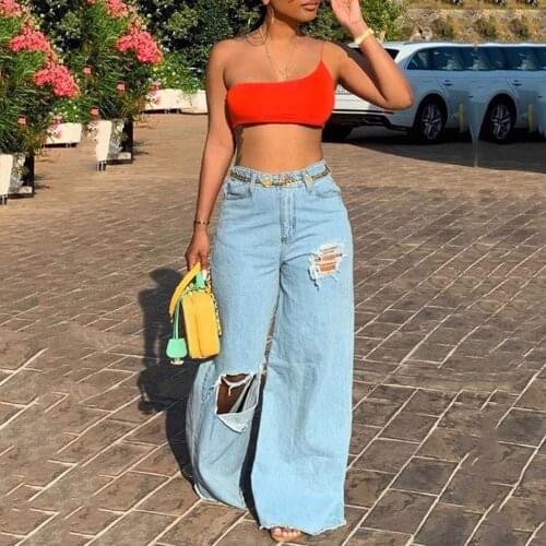 Women Loose Wide Leg Jeans Pants High Waisted Hole Solid Large Big Size Fashion Female High Street Wear Long Pants Trousers Hot