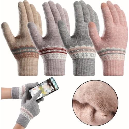 Womens Winter TouchScreen Gloves Thicken Warm Knitted Stretch Gloves Imitation Wool Full Finger Outdoor Skiing Riding Gloves