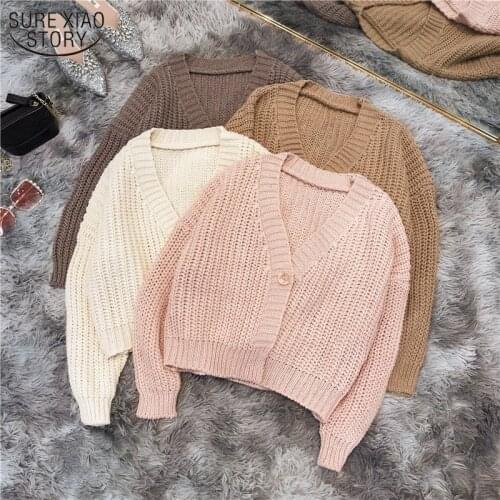 2021 New Solid Color One Buckle Womens Cardigan Chic Top Coarse Wool Short Sweater Long Sleeve Thicken Female Cardigan 11641
