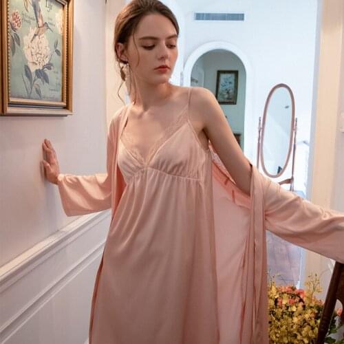 Ladies Robe Nightgown Dress Girl Women Sleepwear Stain Robe Set Autumn Silk Pajamas Sexy Suspender Skirt Womens Sleepdress