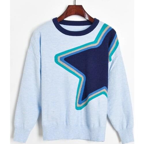 2020 Autumn Winter Sweater Women Contrast Color Five-pointed Star Jacquard Knit Sweater Round Neck Loose Pullover Jumpers