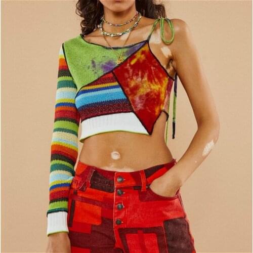 2021 New Women Color Block Knit T-shirt Crop Top Autumn One Shoulder Long Sleeve Sexy T Tops Fashion Vintage Shirts Female